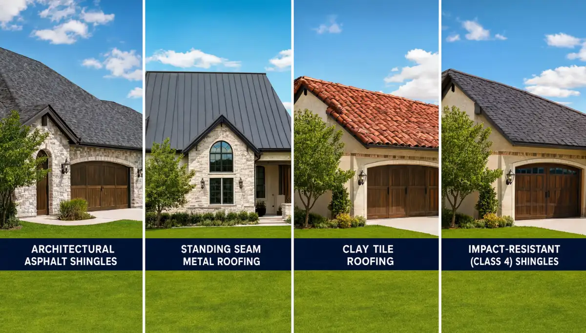 Comparison of four roofing types showing architectural asphalt shingles standing seam metal roofing clay tile roofing and impact resistant class 4 shingles on residential homes.