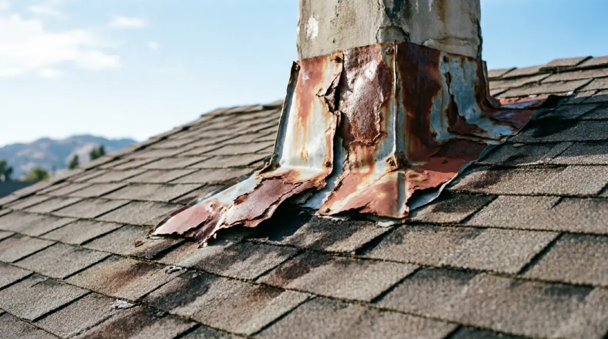 Rusted corroded metal flashing around chimney base showing severe deterioration and separation from asphalt shingle roof surface allowing water infiltration