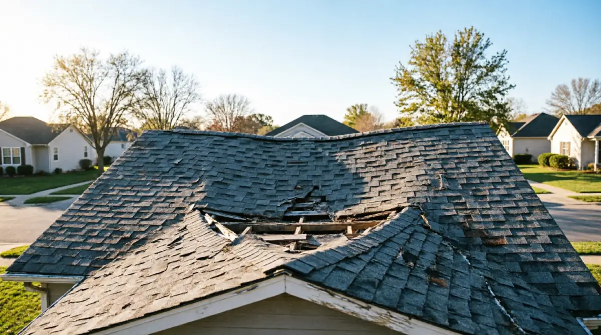 Residential roof with visible sagging roofline and structural damage showing collapsed decking area with exposed wood framing and compromised asphalt shingles requiring immediate replacement