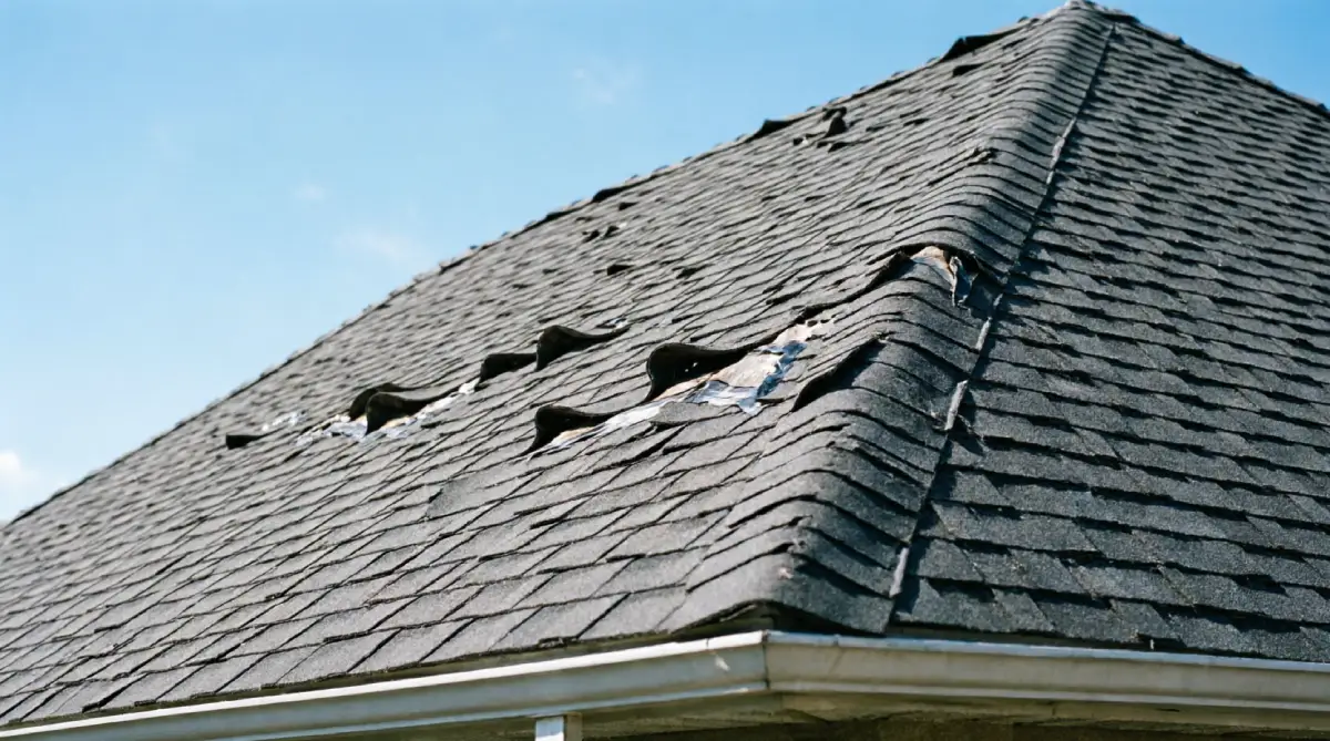 Asphalt roof shingles with corners lifting and curling upward in diagonal rows showing adhesive failure across multiple shingle tabs on residential home