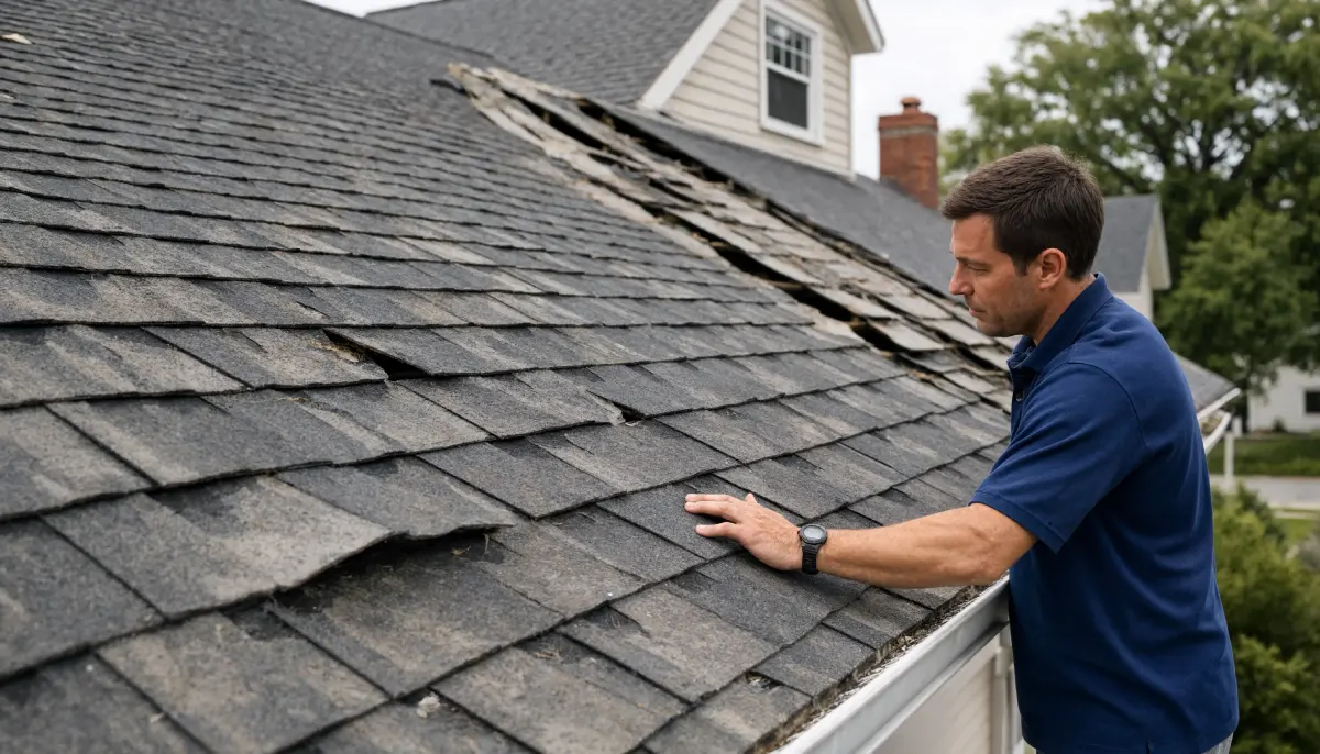 Signs your roof is nearing the end of its lifespan with curling asphalt shingles, missing sections, and visible wear during a residential roof inspection