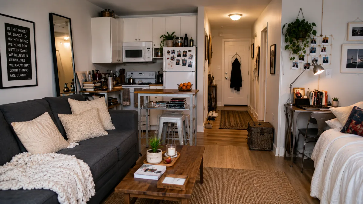 Modern small apartment interior with space-saving furniture, open kitchen layout, cozy living area, and multifunctional workspace designed for efficient urban living.