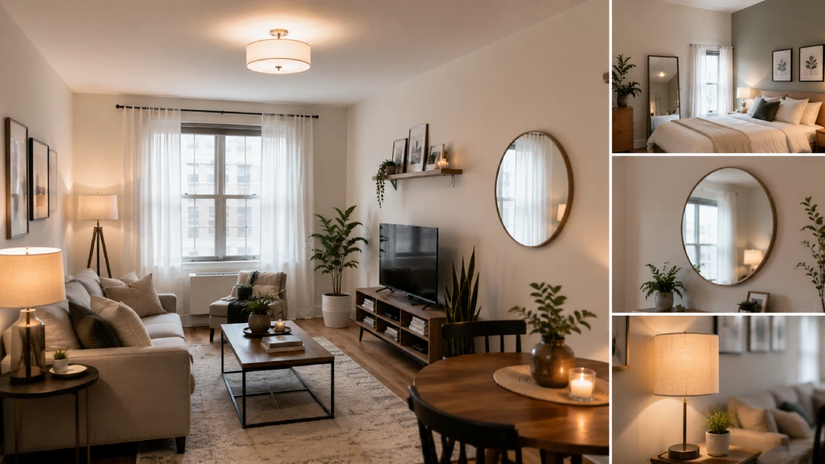 Small apartment with light neutral walls, layered lighting, sheer curtains, and a wall mirror reflecting natural daylight to create a brighter, more spacious living area.
