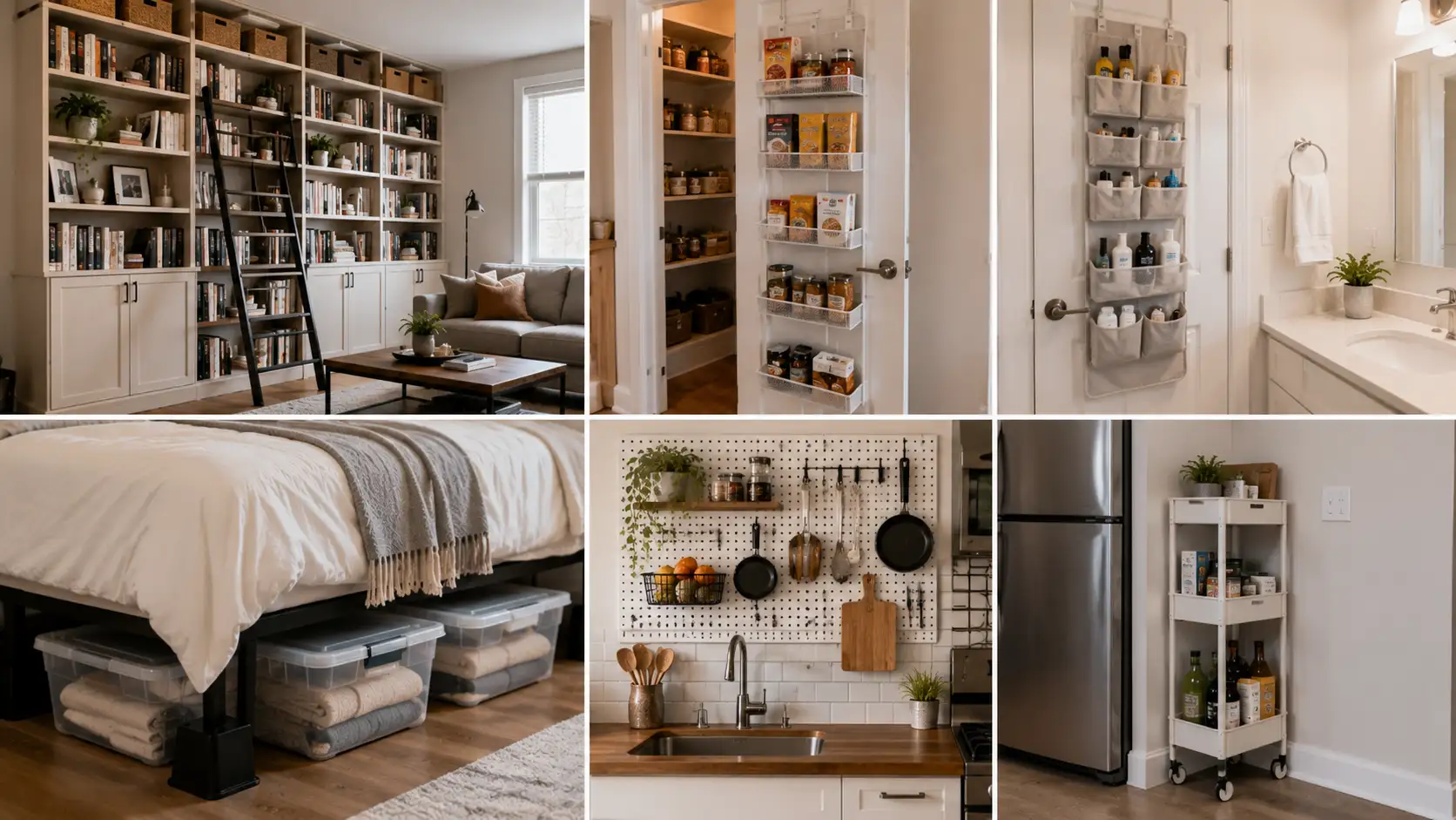 Smart storage solutions for small apartments featuring floor to ceiling shelving, under bed storage bins, over the door organizers, kitchen pegboard, and a slim rolling cart to maximize space.