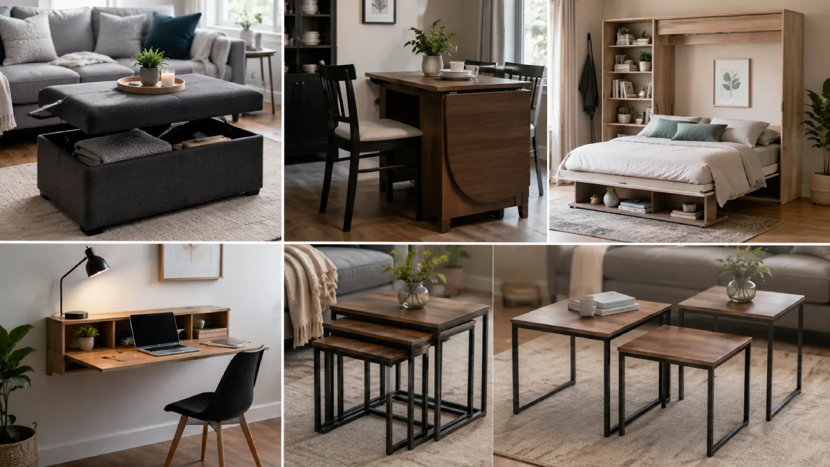 Collection of multifunctional furniture for small apartments including a storage ottoman, extendable dining table, Murphy bed, floating desk, and nesting tables for efficient space-saving living.