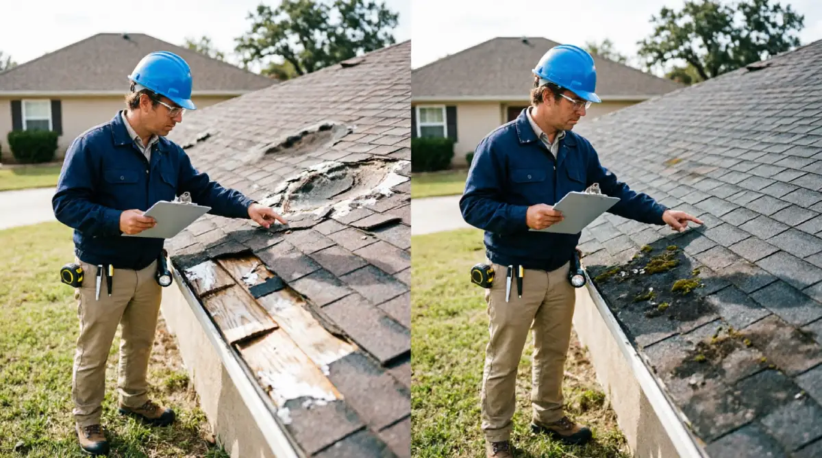 Side by side comparison showing roofing inspector in blue hard hat examining storm damaged shingles with exposed decking on left panel versus routine maintenance inspection checking for wear and debris accumulation on right panel at Texas residential property