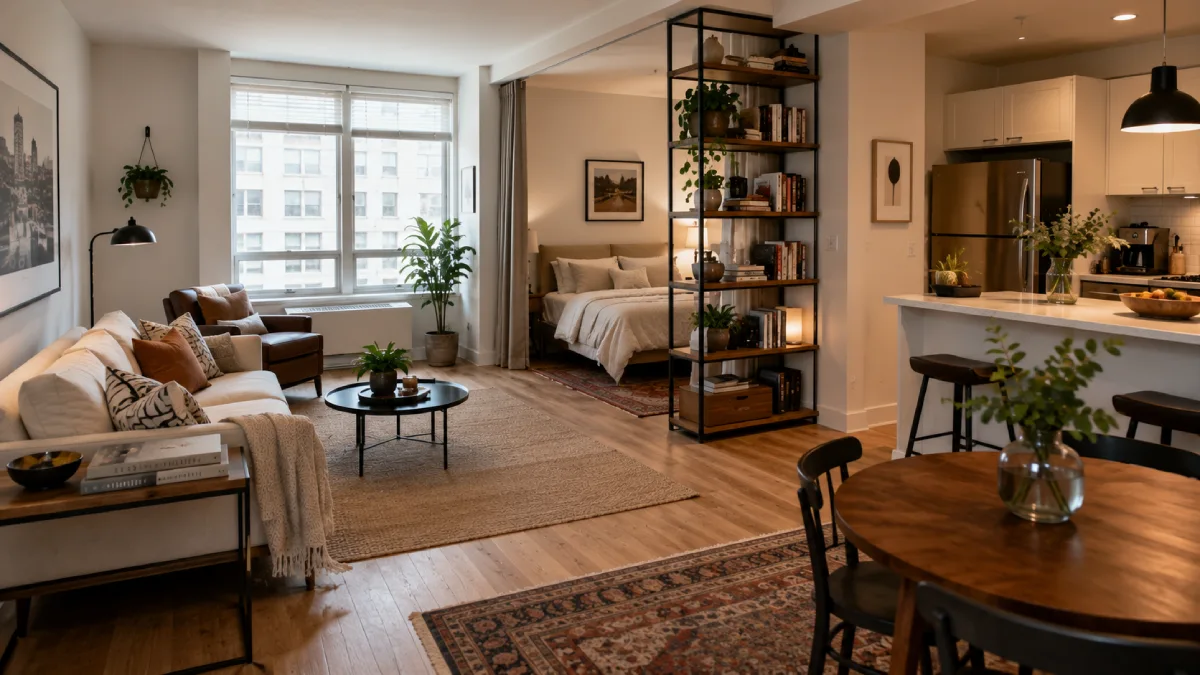 Open concept studio apartment with defined living, sleeping, dining, and kitchen zones using rugs, shelving, and space-saving furniture for an efficient small apartment layout.
