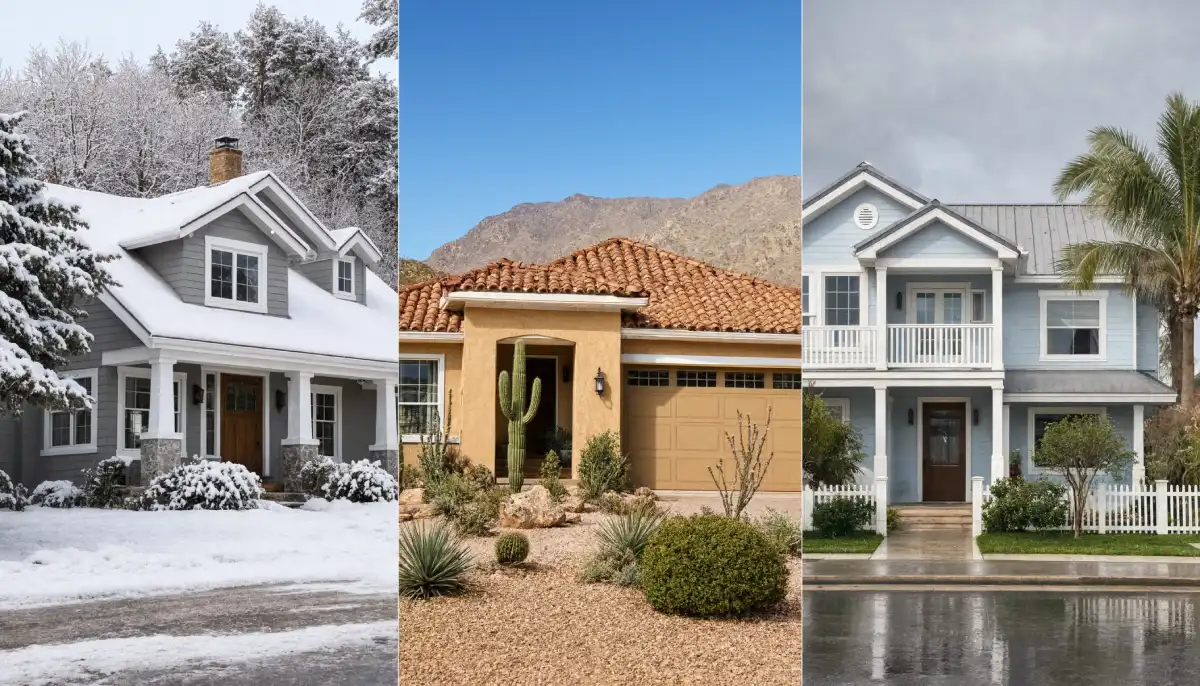 Understanding roof lifespan for homes in different US climates featuring snowy, desert, and coastal weather conditions affecting residential roofing durability