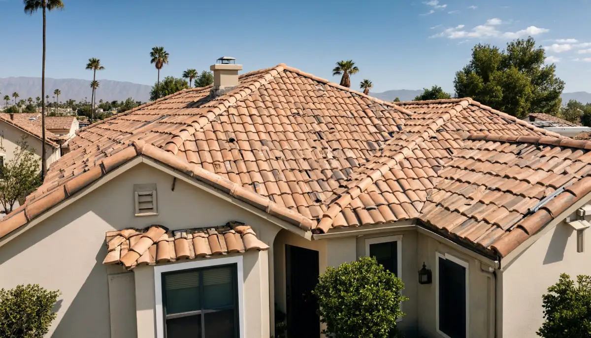 Weathered terracotta tile roof on a California stucco home showing heat stress and debris accumulation in the valleys against a backdrop of palm trees and mountains