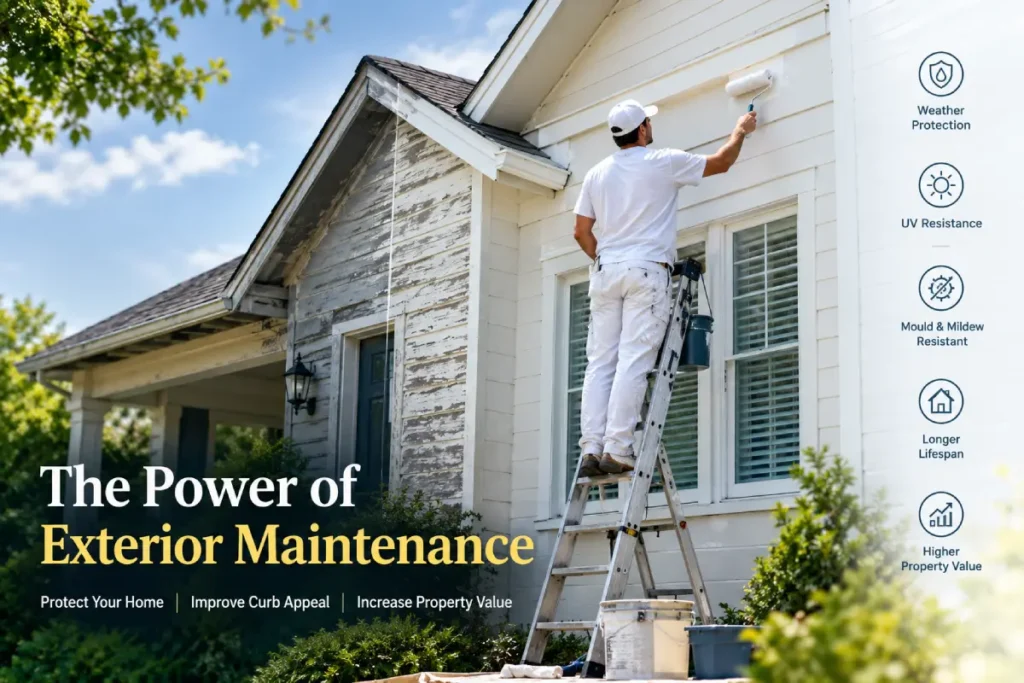 Professional painter applying fresh white paint to a house exterior to protect it from weather damage and improve curb appeal.