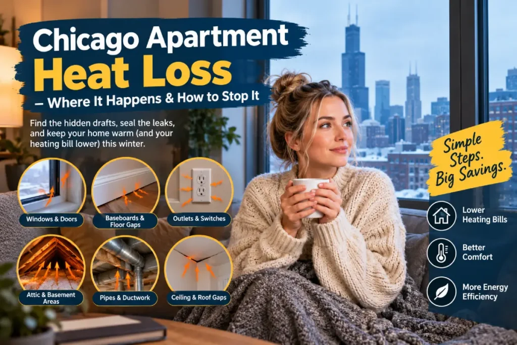 Chicago apartment heat loss from windows, doors, floor gaps, outlets, pipes, and roof gaps